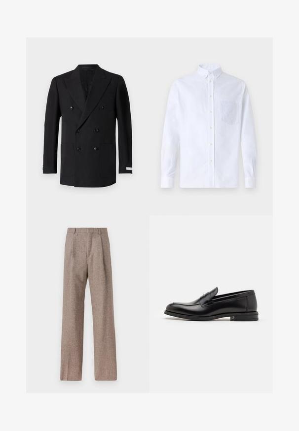 Blazer nero doppiopetto realizzato in tessuto pregiato, dotato di due tasche frontali, rever a punte e bottoni neri. Vestibilità sartoriale.; Camicia bianca a maniche lunghe con bottoni, realizzata in cotone, caratterizzata da una tasca sul petto con ricamo tonale, colletto e polsini con bottoni.; Pantaloni marroni a vita alta realizzati in tessuto testurizzato. Presentano gambe ampie e due pieghe frontali per struttura. Rifinitura curata senza hardware visibile.; Mocassini neri in pelle con una texture liscia, punta arrotondata e una striscia decorativa sulla tomaia. Tacco basso impilato, design minimalista.
