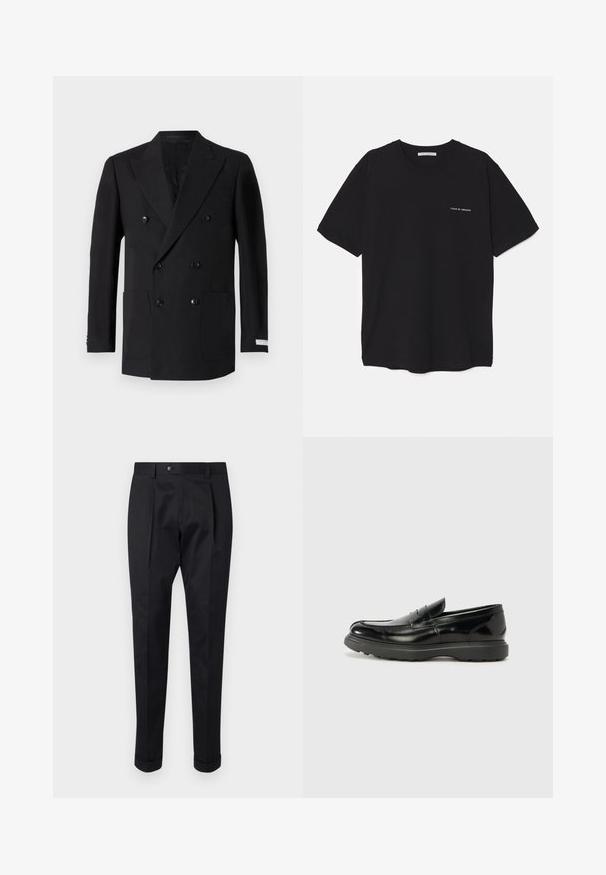 Dvojno zapenjalo črno blazer iz fine tkanine, z dvema sprednjima žepoma, zareznimi reverji in črnimi gumbi. Prilagojena obleka.; Črna bombažna majica s kratkimi rokavi in okroglim ovratnikom, z belim logotipom natisnjenim na levi prsni strani. Preprost, enobarven dizajn.; Črne hlače iz gladkega materiala, z zavihkom spredaj, gumbom za zapiranje in zvitim robom ob gležnjih.; Črne usnjene loafer čevlje z sijajno obdelavo, okroglo špico, subtilnimi šivi in debelim gumijastim podplatom za trajnost.