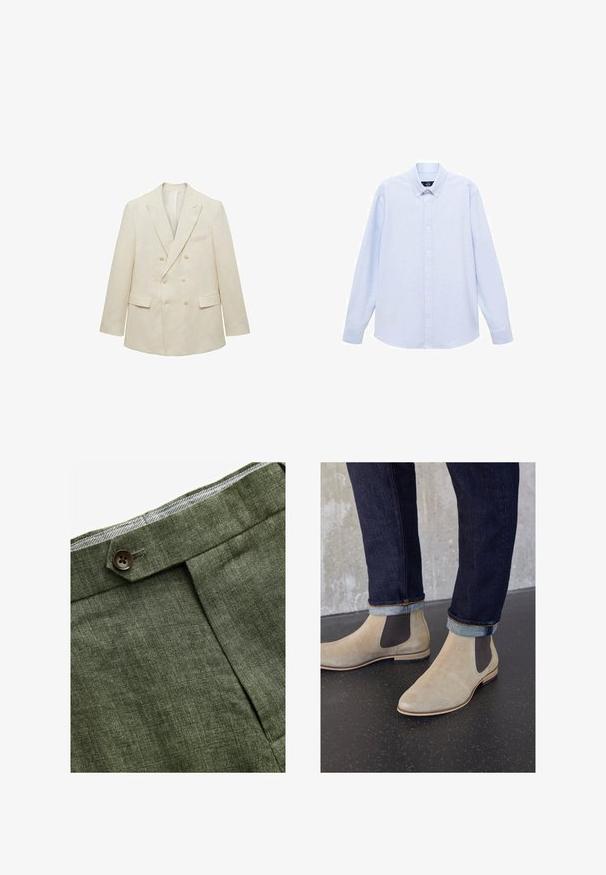 Mango AMALFIC - Giacca - off-white; Camicia azzurra a maniche lunghe con colletto classico, orlo dritto e una trama sottile. Presenta una chiusura centrale con bottoni.; Pantaloni in lino verde oliva con piega frontale, dotati di chiusura con bottone e una fodera a quadretti a contrasto nella cintura.; Zign LEATHER - Stivaletti - sand