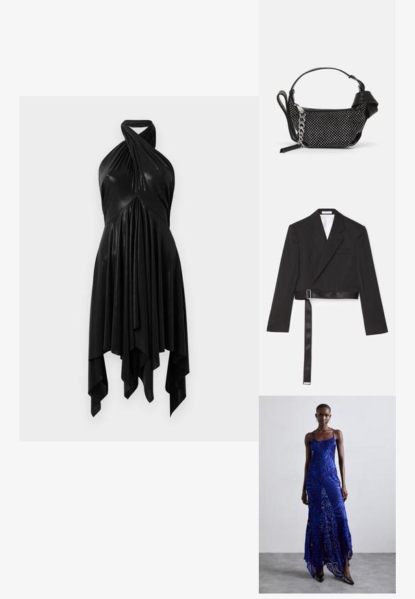 Melnā īsā žakete ar elegantu dizainu, divrindu priekšpusi, asas atlokiem un siksnu ar satīna pieskārienu, kas ir piesprādzēta ar metāla sprādzi.; Melnā haltera kleita ar drapējuma dizainu. Izgatavota no spīdīga materiāla, ar vērptu kakla izgriezumu un asimetrisku apakšmalu. Gluda tekstūra.; Zila un violeta dzīvnieku raksta maxi kleita ar plāniem plecu siksnām, pieguļošu augumu, izplestu apakšdaļu un caurspīdīgu dekoratīvo kārtu.; Melnā rokassomiņa ar studētiem rotājumiem, ķēdes siksniņu un gludas ādas rokturi, ar apaļu formu un ar rāvējslēdzēju aizveramu nodalījumu.