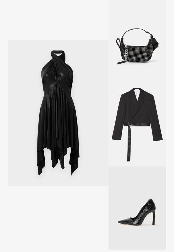 Juodas trumpas švarkas su madingu dizainu, dublis priekyje, aštrūs apykaklės, ir satino prisilietimo diržas, užsegamas metaliniu sagtimi.; Juoda halter suknelė su drapiruotu dizainu. Pagaminta iš blizgaus medžiagos, turi sukurtą iškirptę ir asimetrišką apačią. Sklandi tekstūra.; Juoda smailiakulnė aukšto kulno bateliai su krokodilo odos tekstūra, pasižymintys elegantišku dizainu, aukštu stiletu kulnu ir lygia juoda vidine dalimi.; Juodas rankinės krepšys su metaliniais įdėklais, grandinės petneša ir lygaus odos rankena, su apvalia forma ir užtrauktuku uždaromu skyriumi.