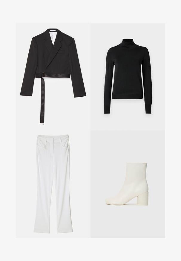 Crni skraćeni sako s elegantnim dizajnom, dvostrukim kopčanjem sprijeda, oštrim reverima i remenom od satena koji se kopča metalnom kopčom.; Crna dugosruga majica s rolijom i rebrastim manžetama i donjim rubom, prikazana na jednostavnoj bijeloj pozadini.; Bijele trapezne hlače s glatkom tkaninom, s dva prednja džepa i šivanjem na struku za prilagođeni izgled.; Bijela kožna čizma do gležnja s okruglim vrhom i debelim cilindričnim potplatom. Glatka tekstura, minimalni dizajn, bez vidljivih metalnih dijelova ili uzoraka.