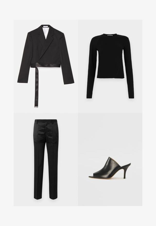 Sort cropped blazer med et elegant design, dobbeltknap foran, skarpe revers og et bælte i satinlook, der er fastgjort med en metalspænde.; Sort langærmet crop top lavet af blødt stof, med en rund halsudskæring og en let asymmetrisk kant med en subtil logo-detail.; Sorte skræddersyede bukser med lige ben og en livrem med bæltesløjfer, der har en blanding af matte og glinsende stofpaneler.; Sort læder åben tå mule med et slankt, buet design, høj stiletto hæl og glat tekstur. Indersiden har en kontrasterende lys farve.