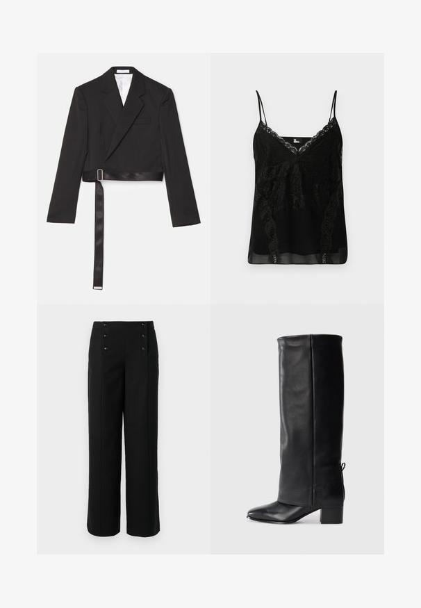 Sort cropped blazer med et elegant design, dobbeltknap foran, skarpe revers og et bælte i satinlook, der er fastgjort med en metalspænde.; Sort camisole med blonde detaljer ved halsen og siderne, slanke justerbare stropper og en glat, let gennemsigtig krop.; Sorte bukser med brede ben lavet af glat stof, der har høj talje og fem frontknapper til lukning. Elegant, skræddersyet design.; Sorte læder knæhøje støvler med en glat finish, firkantet tå, blokhæl og sidelukning for justerbar pasform.