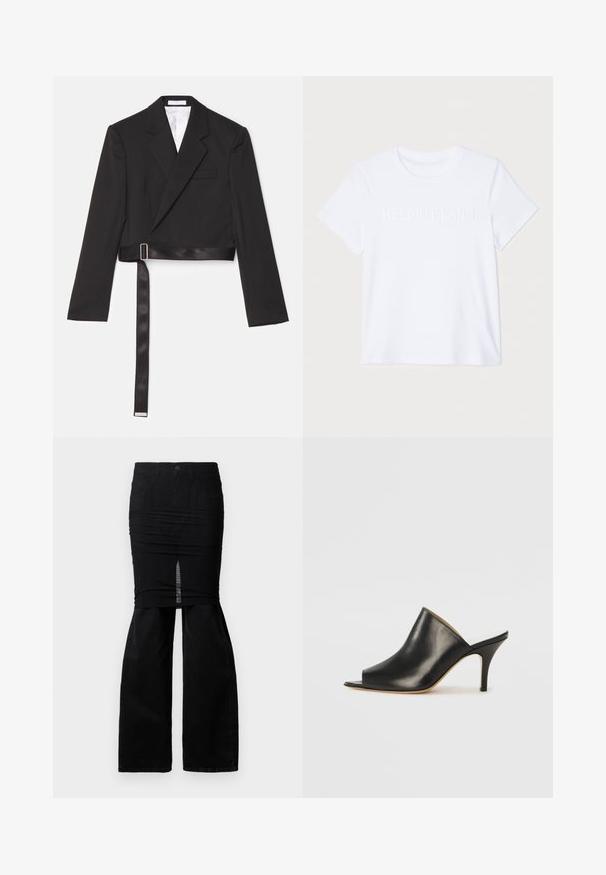 Black cropped blazer with a sleek design, double-breasted front, sharp lapels, and a satin-touch belt fastened with a metal buckle.; White cotton T-shirt with short sleeves, featuring subtle embossed "HELMUT LANG" logo across the chest. Round neckline, smooth texture.; Black denim pants with attached black ruched mini skirt overlay featuring a front slit, displayed on a white background.; Black leather open-toe mule with a sleek, curved design, high stiletto heel, and smooth texture. The interior features a contrasting light color.