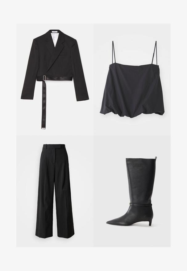 Sort cropped blazer med et elegant design, dobbeltknap foran, skarpe revers og et bælte i satinlook, der er fastgjort med en metalspænde.; Sort ærmeløs top med tynde stropper, løs pasform og rynket kant. Lavet af letvægtsstof med en glat tekstur.; Sorte brede bukser lavet af et glat stof med en høj talje, der har to frontfolder og en skræddersyet design.; Sorte læder knæhøje støvler med spidse tæer, fremhævet af et rundt bånd omkring anklen og en lav, tapered hæl. Glat tekstur.