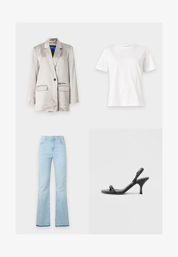 Világos bézs blézer selyem anyagból, egygombos záródással, két zsebbel és diszkrét márkajelzéssel a bal zseben.; Fehér pamut póló rövid ujjakkal, kerek nyakkivágással és laza szabással. Sima textúra, nincsenek minták vagy díszítések, minimalista dizájn.; Világoskék, trapéz fazonú farmernadrág, magas derékkal, elülső zsebekkel és nyers szegéllyel a szárakon, amely laza megjelenést kölcsönöz.; Fekete bőrből készült, magassarkú szandál, vékony, ívelt sarokkal és keresztben átkötött pántokkal. Állítható bokapánt. Sima felület.