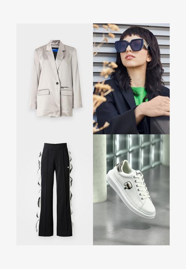 Világos bézs blézer selyem anyagból, egygombos záródással, két zsebbel és diszkrét márkajelzéssel a bal zseben.; Fehér, hosszú ujjú, vállra lecsúsztatható crop top rugalmas anyagból. A hosszú ujjakon fekete háromsávos díszítések találhatók, valamint egy kicsi fekete logó a mellkason.; Fekete sportnadrág texturált derékkal, fehér oldalsó panelek és fodros részletek, valamint hímzett logóval az elülső részen.; Fehér Karl Lagerfeld sneaker, fűzős elejével, fekete és bézs logóval, valamint fényes ezüst sarokrésszel, ami egy szürke padló felett lebeg.; Túlméretezett fekete napszemüveg vastag kerettel és arany díszítéssel, fekete blézerral és élénk zöld inggel viselve, vízszintes háttér előtt.