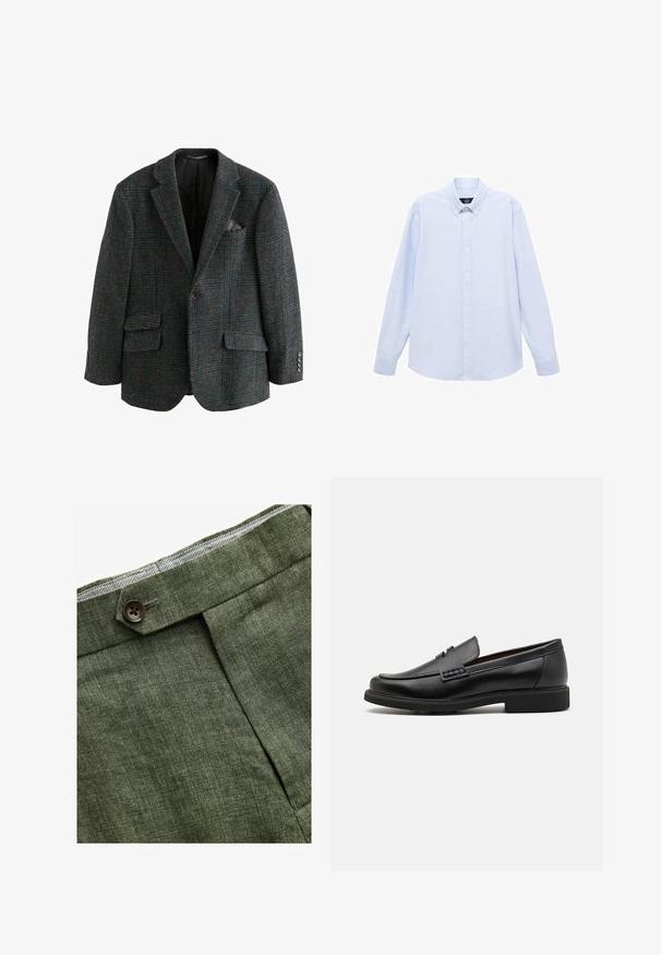 Wollmischung Blazer in Dunkelgrau mit einem Karo-Muster in Blau und Grün, ausgestattet mit zwei vorderen Taschen, Reverskragen und Knopfdetails.; Hellblaues Langarmhemd mit Knopfleiste, klassischem Kragen, geradem Saum und subtiler Textur. Mit zentraler Knopfverschluss.; Olivengrüne Leinenhose mit einem Bundfalten, ausgestattet mit einem Knopfverschluss und einem kontrastierenden karierten Futter am Bund.; Schwarze synthetische Slipper mit einer markanten gesteppten Vorderseite, gepolstertem Fußbett und flacher Gummisohle; schlankes Design mit minimaler Detailverarbeitung.