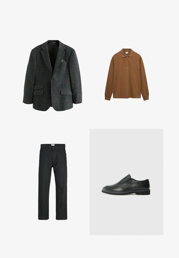 Blazer od vune u tamnosivoj boji s kariranim uzorkom u plavoj i zelenoj boji, s dva prednja džepa, izrezanim reverima i dugmetima kao detaljima.; Smeđi pamučni dukserica s dugim rukavima, s ovratnikom, kopčanjem na gumbe i rebrastim manžetama; glatka tekstura i opušteni kroj.; Crne hlače od izdržljivog materijala, s ravnim krojem, šivenim detaljima i dva prednja džepa za funkcionalnost.; Crne kožne cipele na sklapanje s glatkom gornjom površinom, prošivenim detaljima, zaobljenim vrhom i niskim gumene potplate. Potplat ima minimalne uzorke.