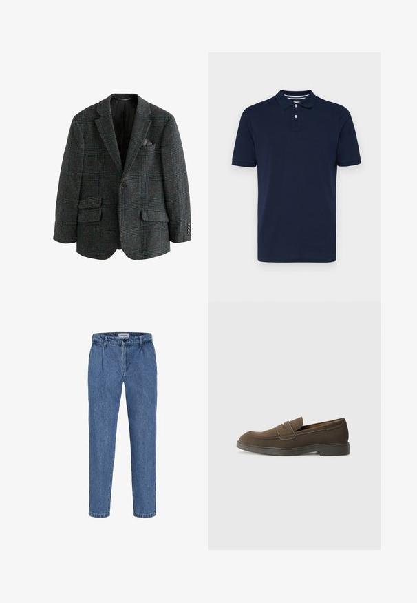 Wool blend blazer in dark gray with a plaid pattern in blue and green, featuring two front pockets, notched lapels, and button accents.; Navy blue short-sleeve polo shirt made of cotton, featuring a collared neckline with three buttons and subtle horizontal stripes on the collar.; Light blue denim trousers with a relaxed fit, featuring a high waist, two front pleats, and a cuffed hem. Simple button and zip closure.; Brown suede loafer with a rounded toe, a strap across the vamp, and a flat rubber sole. Simple design with clean lines and minimal detailing.
