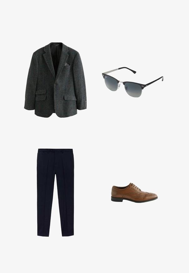 Wollen blazer in donkergrijs met een ruitpatroon in blauw en groen, met twee voorzakken, gegoten revers en knoopdetails.; Set van drie T-shirts: één zwart en twee wit. Elk heeft een ronde hals, korte mouwen en is gemaakt van gladde katoenstof.; Marineblauwe broeken met een vlakke voorkant, gemaakt van gladde stof. Kenmerken zijn onder andere twee zijzakken en een ritssluiting met knoopsluiting.; Bruine leren kleding schoen met ingewikkelde brogue details, ronde neus en platte hak. Beschikt over vijf vetersluitingen en een gladde textuur.; Zwarte en zilveren zonnebril met een cat-eye vorm, gradient lenzen en metalen accenten op het montuur. Plastic armen met grijze punten.