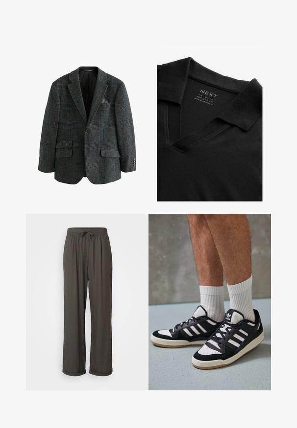 Tamsiai pilka vilnos mišinio bleizeris su mėlynos ir žalios spalvos languotu raštu, su dviem priekinių kišenėlių, įpjautais apykaklėmis ir sagų akcentais.; Juodas polo marškinėliai su V formos iškirpte ir tekstūruota medžiaga. Turintys nusilenkiantį apykaklę ir etiketę su prekės ženklu ir dydžio informacija. Įprasto kirpimo.; Tamsiai pilkos plačios kelnės su virvute liemenyje, pagamintos iš minkštos, tekstūrinės medžiagos, su apsuktomis kraštinėmis ties kulkšnimis.; Juodos ir baltos sportinės bateliai su zomšiniu ir odiniu viršumi, su trimis baltomis juostelėmis, perforuota koja ir guminėmis padais.