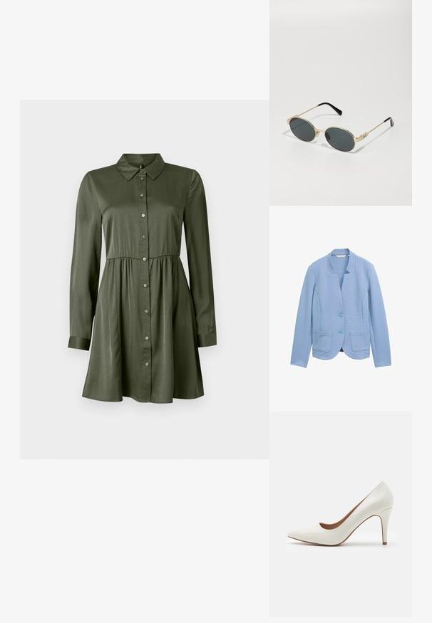 Lysblå blazer lavet af struktureret stof, med kravefri design, to forreste lommer og matchende knaplukninger.; Langærmet olivengrøn skjortekjole med tætsiddende talje og krave, let udstyret nederdel og opkrøllede ærmer.; Hvide patentlæder højhælede sko med spids tå og en glat overflade, der har en slank hæl og en lav skæring omkring åbningen.; Guldmetal solbriller med ovale linser og mørktonede linser. Sorte acetat tip på stængerne. Mærkenavnet "QUAY" på siden.; Michael Kors håndleddstropp i beige belagt lær med et gentaget MK-logo mønster, guld hardware og en aftagelig kædestrop.
