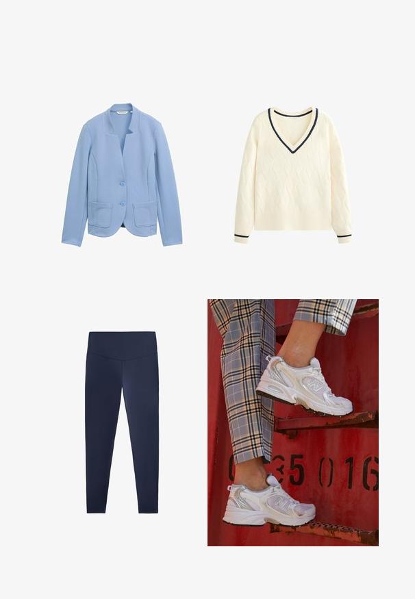 Vaaleansininen bleiseri, joka on valmistettu teksturoidusta kankaasta ja jossa on kaulukseton muotoilu, kaksi etutaskua ja vastaavat napit.; Kermanvärinen villapaita, jossa on timanttimalli, V-pääntie, ribbireunus ja laivastonsinisiä yksityiskohtia pääntiellä ja hihansuissa. Neulospinta.; Siniset legginsit, jotka on valmistettu joustavasta ja sileästä kankaasta, jossa on korkea vyötärö. Suunniteltu tiivisti istuvaksi ja tarjoaa täyden pituuden nilkkoihin saakka.; Valkoiset verkkokengät hopea-yksityiskohdilla ja teksturoidulla pohjalla, aseteltuna punaiselle pinnalle, yhdistettynä ruudullisiin housuihin.