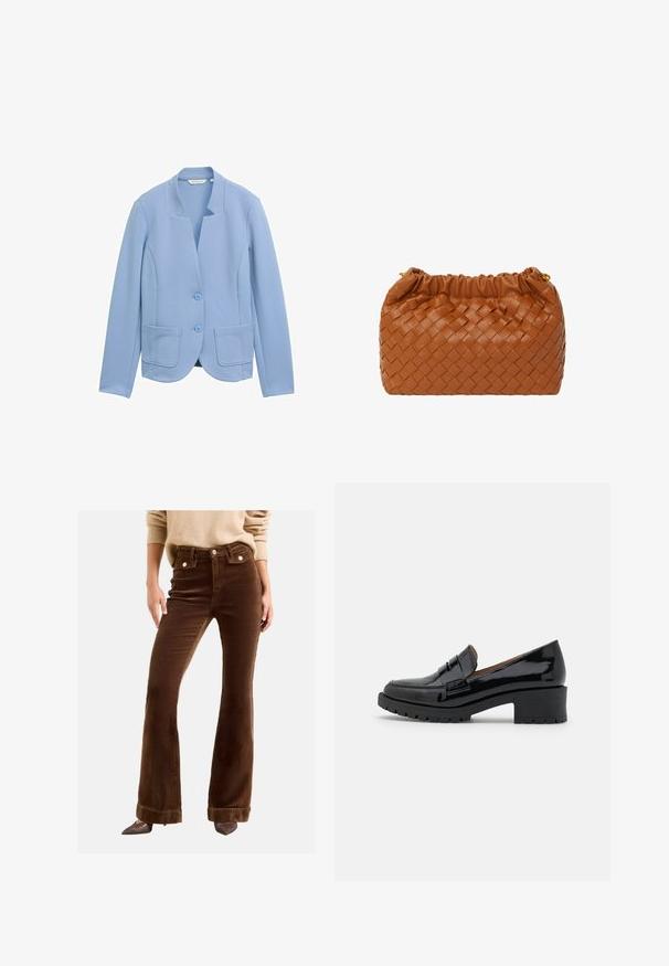 Heller blauer Blazer aus strukturiertem Stoff, mit kragenlosem Design, zwei aufgesetzten Taschen und passenden Knopfverschlüssen.; Roter V-Ausschnitt-Pullover mit langen Ärmeln und lockerer Passform. Hergestellt aus weichem Strickmaterial und mit dezenten Rippdetails am Saum und an den Bündchen.; Braune Corduroy-Engpasshosen mit hoher Taille, Fronttaschen und goldfarbenen Knopfakzenten. Der Stoff hat eine weiche, gerippte Textur.; Schwarze Lackleder-Lederschuhe mit einem niedrigen, klobigen Absatz, ausgestattet mit einem vorderen Riemen-Detail und einer strukturierten Gummisohle für besseren Halt.; Braune geflochtene Lederhandtasche mit einem gerafften Oberteil und goldenen Hardware-Details. Kompakte rechteckige Form, glatte Textur und geflochtenes Muster.