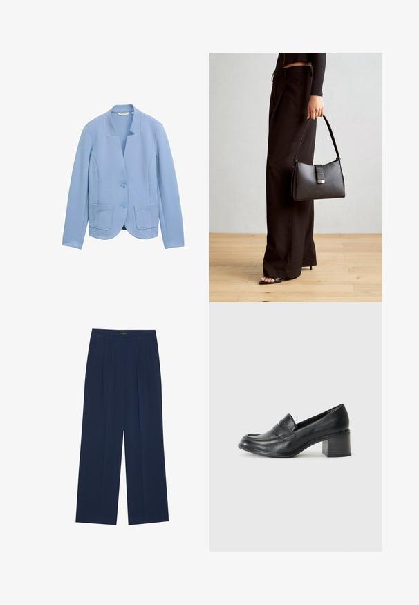 Light blue blazer made of textured fabric, featuring a collarless design, two front pockets, and matching button closures.; Marc O'Polo Jumper - deep night blue; Navy blue wide-leg trousers made of smooth fabric, featuring two front pockets and front pleats, with a straight cut and clean hem.; Black leather loafer with a low block heel, rounded toe, and decorative stitching detail across the upper. Smooth texture throughout.; Black handbag with structured shape, smooth texture, and a metallic clasp. Paired with wide black pants and open-toe sandals on wooden floor.