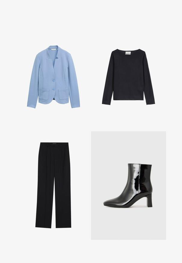 Heller blauer Blazer aus strukturiertem Stoff, mit kragenlosem Design, zwei aufgesetzten Taschen und passenden Knopfverschlüssen.; Marc O'Polo Strickpullover - deep night blue; Schwarze Hose mit geradem Bein, ausgestattet mit zwei frontalen Taschen und einem Taillenbund. Hergestellt aus einem glatten, leichten Stoff.; Schwarzer Lackleder-Stiefelette mit spitzer Zehe und einem mittelhohen Blockabsatz. Glatte Textur und minimalistisches Design.