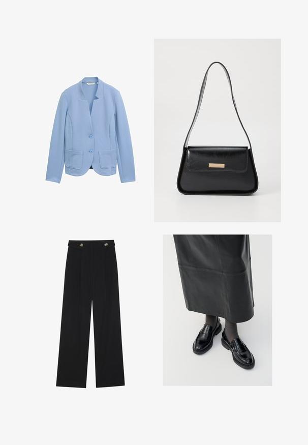 Light blue blazer made of textured fabric, featuring a collarless design, two front pockets, and matching button closures.; Black sleeveless turtleneck top, made from smooth fabric. Fitted design with a high neck and a straight hem, minimalistic and solid color.; Black wide-leg trousers with high waist, button details on waistband, and front pleats.; Black leather loafers with a smooth finish, featuring a decorative strap, round toe, and textured sole. Worn with a long black leather skirt.; Black leather handbag with a structured triangular shape, slim strap, and gold-tone hardware featuring a logo plaque on the front flap.; Gold hoop earrings with a textured, irregular shape. Features a seamless closure and a polished surface finish, emphasizing a modern design.