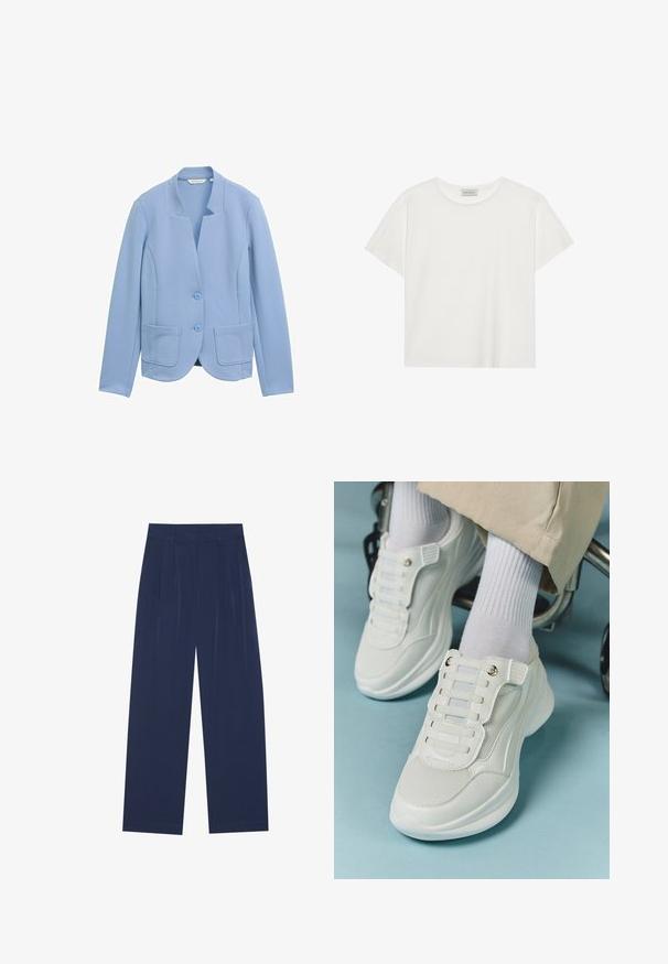 Blazer bleu clair en tissu texturé, avec un design sans col, deux poches avant et des boutons assortis.; T-shirt blanc à manches courtes en coton doux. Présente un col rond et une coupe décontractée. Design épuré sans motifs ni accents visibles.; Pantalons larges bleu marine en tissu doux, dotés de pliures à l'avant, d'une texture lisse et d'une coupe droite sans poches visibles.; Baskets blanches avec un matériau en maille, semelle en caoutchouc, design sans lacets avec des bandes élastiques et accents dorés.