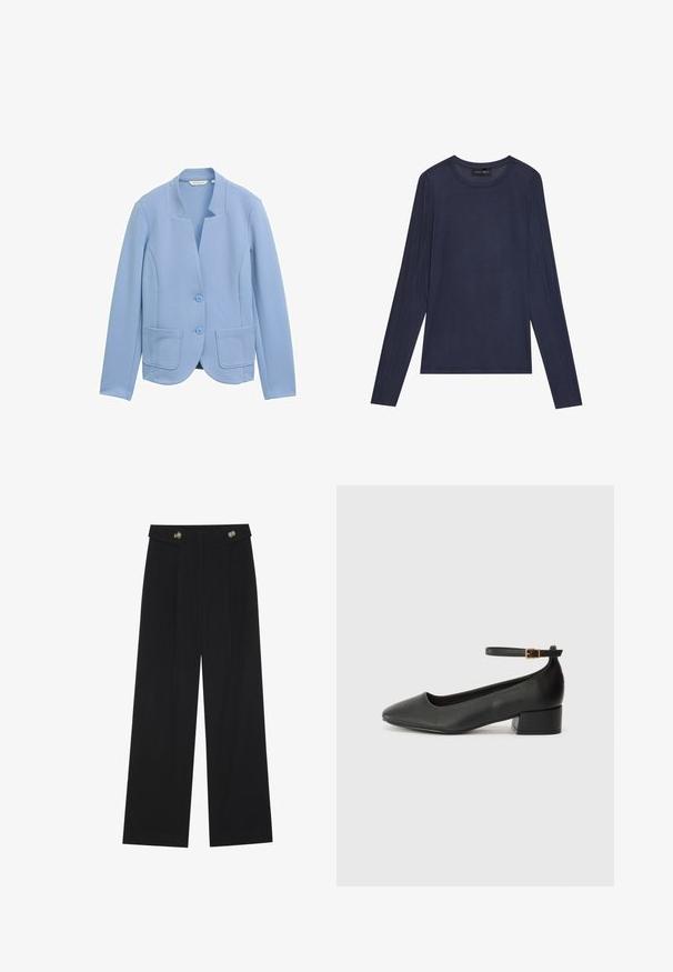 Vaaleansininen bleiseri, joka on valmistettu teksturoidusta kankaasta ja jossa on kaulukseton muotoilu, kaksi etutaskua ja vastaavat napit.; Tummansininen pitkähihainen paita, joka on valmistettu sileästä ja kevyestä kankaasta. Tässä paidassa on pyöreä kaula-aukko ja sauman yksityiskohtia hihoissa ja sivuilla.; Mustat leveälahkeiset housut, joissa on korkea vyötärö, napit vyötärönauhassa ja etupuolella laskokset.; Mustat nahkakengät, joissa on terävä kärki ja matala lohkare korko. Varustettu nilkkahihnalla, jossa on kultasävyinen solki. Lisää sileä pinta.