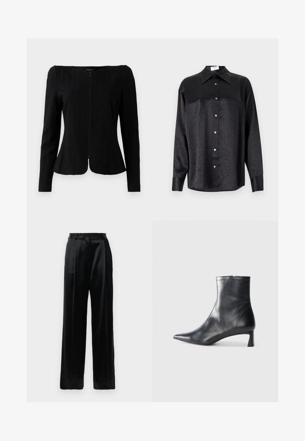 Fekete, hosszú ujjú, texturált dzseki elöl cipzárral és enyhén bővülő aljjal, fehér háttér előtt bemutatva.; Fekete, hosszú ujjú ing, galléros nyakkal, gyűrött textúrával, teljes gombos elejével és mandzsettákkal. Simaságú anyagból készült.; Fekete magas derekú selyem nadrág, egyenes, széles lábakkal, övhurkokkal és lapos elülső záródással, sima fehér háttér előtt.; Fekete bőr bokacsizma hegyes orral és letisztult dizájnnal. Alacsony sarka és hátsó cipzáras záródása van. Simának tűnő textúra.