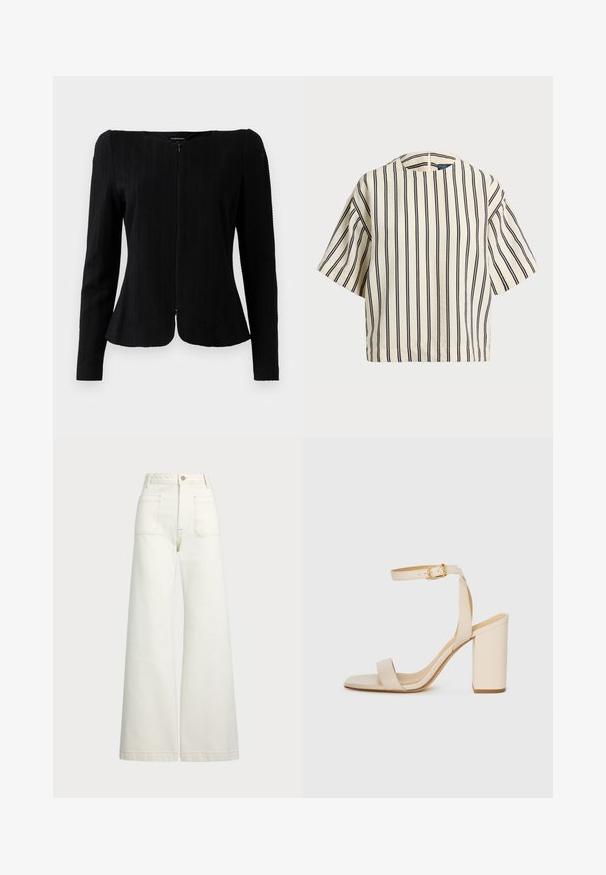 Fekete, hosszú ujjú, texturált dzseki elöl cipzárral és enyhén bővülő aljjal, fehér háttér előtt bemutatva.; Rövid ujjú, csíkos felső krém és tengerészkék színben, kerek nyakkivágással és dobozos fazonnal, texturált anyagból.; Széles szárú farmernadrág off-white denim anyagból. Magas derekú dizájn, gombos záródással, két elülső zsebbel és kontrasztos varrási részletekkel.; Beige színű magassarkú szandál négyzet alakú orral, vékony bokapánttal és tömbsarkúval. Simas bőrfelület arany csattal díszítve.