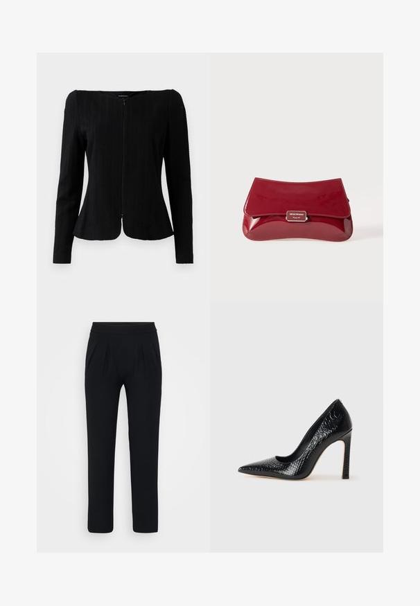 Černá texturovaná bunda s dlouhým rukávem, předním zipem a mírně rozšířeným lemem, vystavená na bílém pozadí.; Modrá saténová blůza s krátkým rukávem a čtvercovým výstřihem, se zipem na zádech. Hladká textura a lehce volný střih.; Černé kalhoty s širokým střihem vyrobené z hladkého materiálu. Mají elastický pas a dva přední záhyby. Bez viditelných vzorů nebo kovových detailů.; Černý lodičkový bot s špičatou špičkou, pokrytý texturou krokodýlí kůže, s elegantním designem, vysokým stiletto podpatkem a hladkým černým interiérem.; Červená lakovaná kabelka s křivkovým designem, překlopným víkem a kovovým logem na stříbrné destičce. Hladký, lesklý povrch.