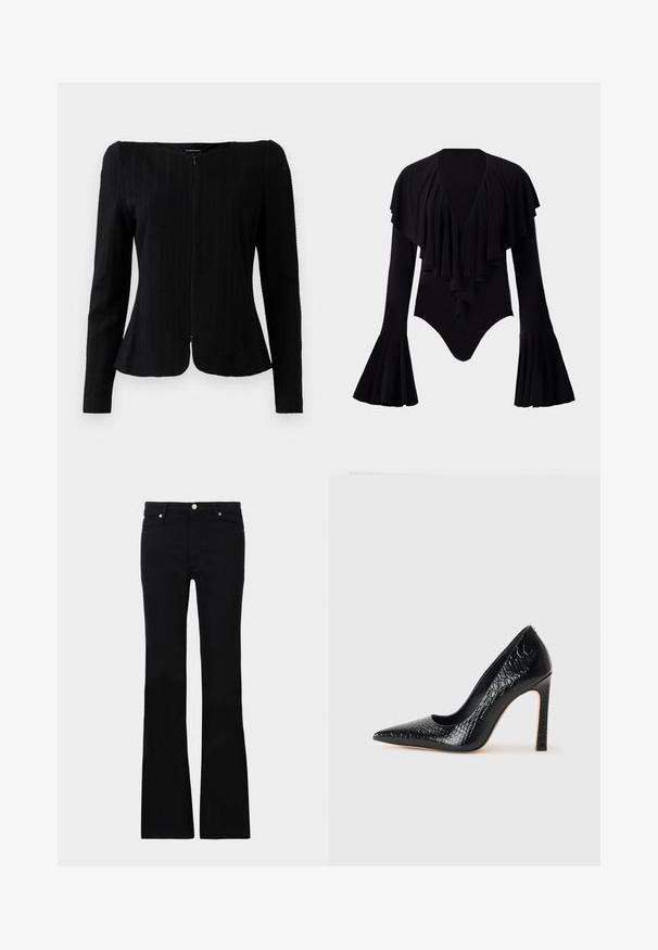 Mustaa pitkähihainen teksturoitu takki, jossa on edessä vetoketju ja hieman levenevä helma, esillä valkoista taustaa vasten.; Musta pitkähihainen body, jossa on syvä V-aukko, kerroksellinen röyhelömuotoilu rinnassa ja kellohihat. Sileä, joustava kangas.; Mustat levenevät farkut, valmistettu denimi- materiaalista, varustettu kahdella etutaskulla, napin sulkimella ja sileällä pinnalla. Alussa näkyviä erityisompeleita.; Musta kapea nilkkakorkokenkä krokotiilin nahkakuviolla, joka on varustettu tyylikkäällä muotoilulla, korkealla stiletto-korkealla ja sileällä mustalla sisäosalla.
