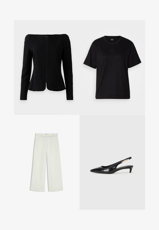 Svart långärmad texturerad jacka med dragkedja framtill och något utsvängd nederkant, uppvisad mot en vit bakgrund.; Svart bomullströja med rund halsringning, korta ärmar och en broderad logotyp på bröstet. Enkel, avslappnad passform utan mönster.; Vita byxor i ljus krämig tyg, med sidofickor, platt fram och en enda knappstängning vid midjan. Slät struktur.; Svart läder slingback-hälar med spetsig tå, med en smal klack och en guldtonad detalj på den justerbara remmen. Slät textur.