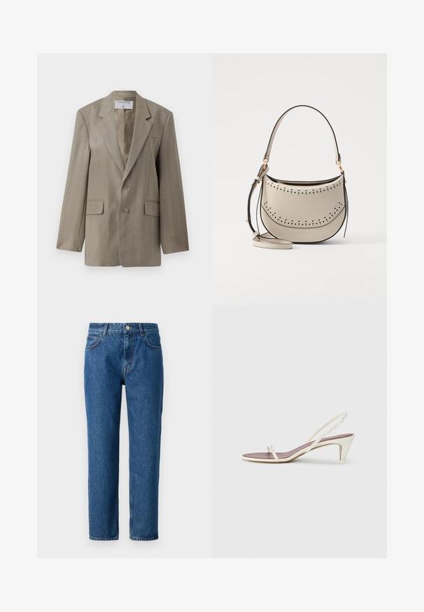 Filippa K Bleiser - khaki beige; Valge ribaga lühikeste varrukatega T-särk ümmarguse kaelusega. Kude tundub siledana ja see on keha lähedal istuv. Brändi silt on nähtav krae juures.; Sinised denim püksid sirge lõikega, millel on nupuga sulgemine, vöökohad ja ees olevad taskud. Valmistatud tekstureeritud puuvillast kangast.; Valged slingback sandaalid kergelt kontsaga, õhukeste rihmade ja sileda nahatekstuuriga; sisaldavad väikest dekoratiivset pandlat.; Vanessa Bruno MINI DAILY BAG - Käekott - ivoire