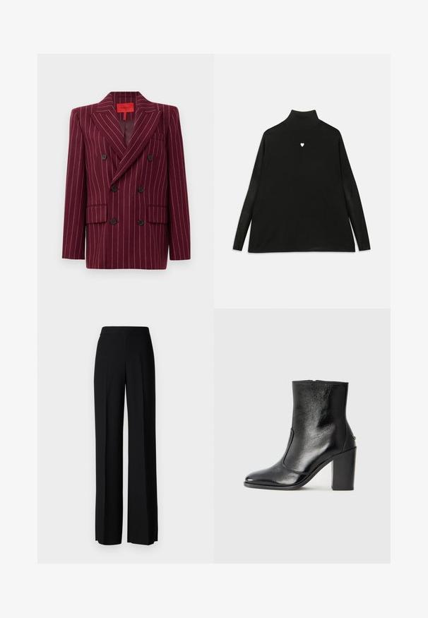 Burgundy double-breasted blazer with pinstripe pattern, notched lapels, two front pockets, and black buttons. Smooth texture. Lined interior.; Black turtleneck sweater with long sleeves, featuring a small white heart emblem on the chest. Soft fabric and relaxed fit.; Black wide-leg trousers with a smooth texture, featuring a high waistband and center pleats. No visible patterns or hardware details.; Black leather ankle boot with a smooth texture, pointed toe, and a chunky high heel. Features a side opening and minimalistic design.