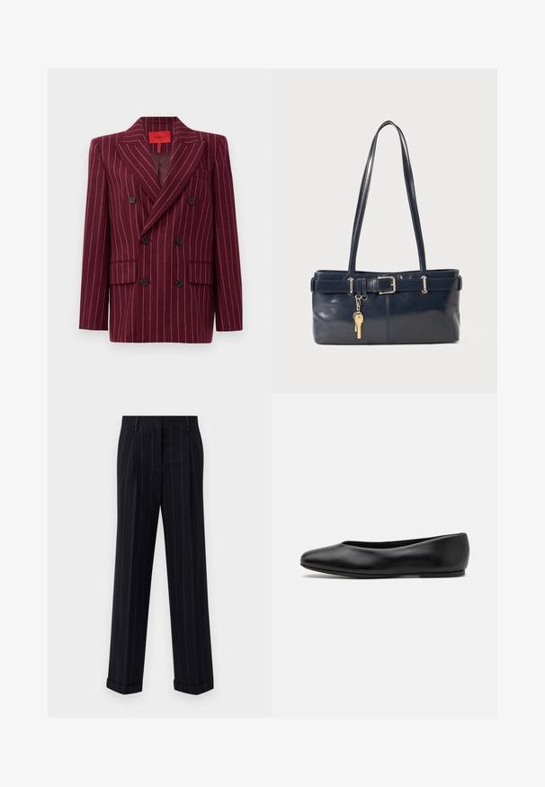 Burgundy double-breasted blazer with pinstripe pattern, notched lapels, two front pockets, and black buttons. Smooth texture. Lined interior.; Dark navy sweater with a round neckline, long raglan sleeves, ribbed cuffs, and a straight hem. Made from a soft, textured knit material.; Black pinstriped trousers with a tailored fit, featuring a cuffed hem and front pleats. Made of smooth fabric with a structured design.; Paul Smith TOPANGA - Ballet pumps - black; Navy leather handbag with two long handles, a buckle detail, and a keychain attached. Features a smooth texture and a rectangular shape.