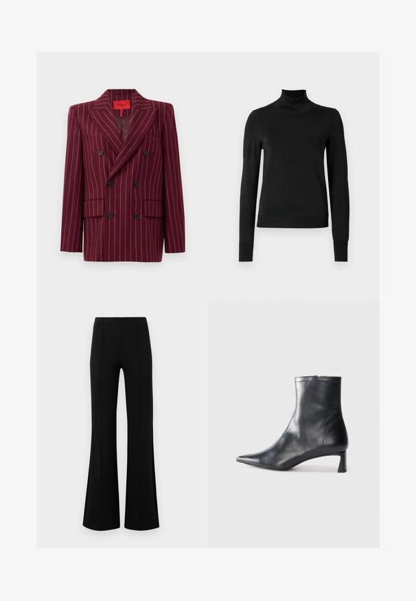 Burgunderrød dobbeltradet blazer med smalstribet mønster, spaltestropper, to frontlommer og sorte knapper. Glat tekstur. Foret inderside.; Sort langærmet turtleneck sweater med ribbede manchetter og kant, vist på en simpel hvid baggrund.; Sorte højtaljede flared bukser lavet af strækbart stof. Har vertikale sømdetaljer foran og en glat tekstur.; Sort læder ankelstøvle med spids tå og et strømlinet design. Har en lav hæl og en lynlås lukning bagpå. Glat tekstur.