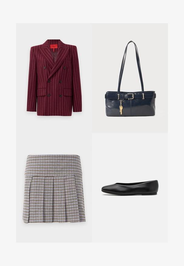 Burgundy double-breasted blazer with pinstripe pattern, notched lapels, two front pockets, and black buttons. Smooth texture. Lined interior.; Navy blue sweater with a classic round neckline, striped ribbed cuffs, and hem. Made from soft fabric with a smooth texture.; Pleated skirt in a brown, beige, and blue check pattern. Made of a textured fabric with a fitted waistband and decorative pleats.; Paul Smith TOPANGA - Ballet pumps - black; Navy leather handbag with two long handles, a buckle detail, and a keychain attached. Features a smooth texture and a rectangular shape.