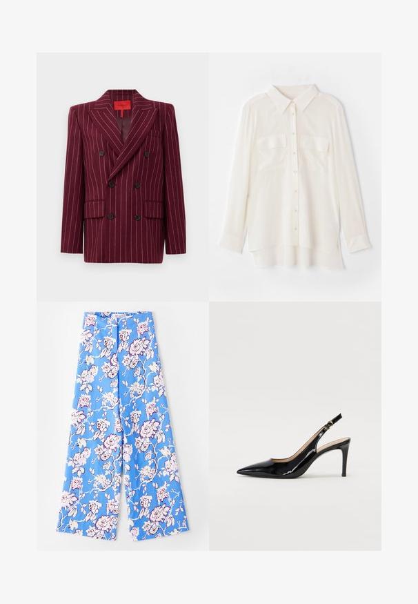Burgunderrød dobbeltradet blazer med smalstribet mønster, spaltestropper, to frontlommer og sorte knapper. Glat tekstur. Foret inderside.; Hvid skjorte med knapper lavet af letvægtsstof. Har en klassisk krave, to brystlommer og en lidt længere bagkant.; Blå blomsterbukser med et pastelfarvet rosemønster. Stofret er glat med en afslappet pasform, brede ben og en elastisk talje.; Sort patenteret læder slingback stiletto med spids tå, slank hæl og et subtilt udskæringsdesign. Har en gylden spænde på remmen.