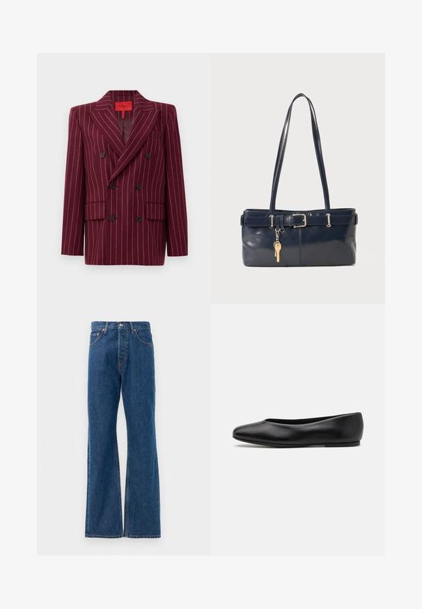 Burgundy kaksirivinen bleiseri, jossa on raitakuosiset yksityiskohdat, lovet kauluksessa, kaksi etutaskua ja mustat napit. Sileä rakenne. Vuorattu sisäpinta.; Välttämätön raitapaita, jossa on valkoinen pohja ja kapeita monivärisiä viivoja sinisessä, oranssissa ja vihreässä. Pitkät hihat ja klassinen kaulus.; Siniset farkkujen leveälahkeiset housut, joissa on korkea vyötärö, viisi taskua, hopeinen napitus ja näkyvät tikkauskoristeet.; Paul Smith TOPANGA - Ballerinat - black; La handbagin sininen nahka, jossa on kaksi pitkää kahvaa, Buckle-yksityiskohta ja avaimenperä kiinnitettynä. Sen pinta on sileä ja muoto on suorakulmainen.