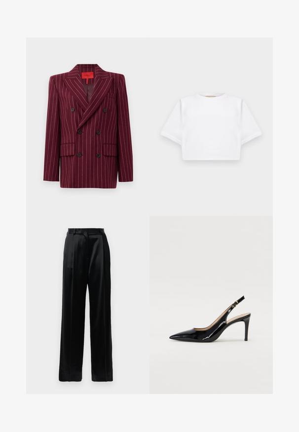 Burgunderrød dobbeltradet blazer med smalstribet mønster, spaltestropper, to frontlommer og sorte knapper. Glat tekstur. Foret inderside.; KFrakelse hvid t-shirt lavet af blødt stof, med korte ærmer, rund halsudskæring og ribbede nederste detaljer. Enkel og udekoreret design.; Sorte satinbukser med høj talje, lige brede ben, bæltestropper og flad lukning på en ensfarvet hvid baggrund.; Sort patenteret læder slingback stiletto med spids tå, slank hæl og et subtilt udskæringsdesign. Har en gylden spænde på remmen.