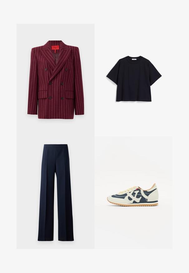 Burgundský dvojradový blazer s pruhovaným vzorom, s klopovými goliermi, dvoma prednými vreckami a čiernymi gombíkmi. Hladká textúra. Podšitý interiér.; Námornícky modrá tričko s krátkym rukávom vyrobené z jemnej bavlny, s voľným strihom, okrúhlym výstrihom a minimalistickým dizajnom. Žiadne viditeľné vzory ani akcenty.; Široké nohavice z tmavomodrej látky, s hladkou textúrou, jemnými prednými zosilneniami a priliehavým pásom pre elegantný siluetu.; Tenisky s kombináciou krémovej, námorníckej a semišovej látky, dizajn so šnurovaním, diagonálne švy a gumová podrážka s trakciou.