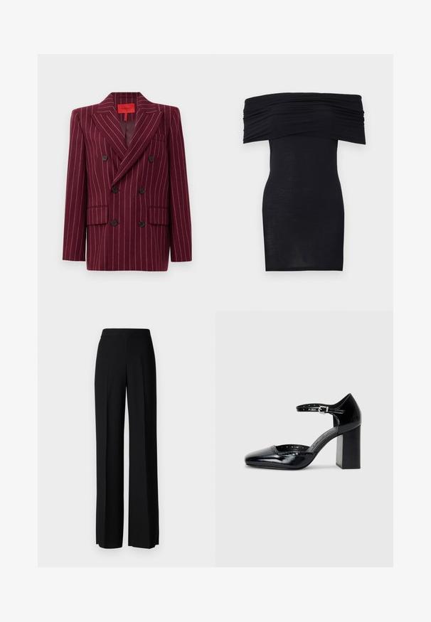 Blazer bordeaux cu două rânduri de nasturi, cu un model cu dungi fine, rever cu cută, două buzunare frontale și nasturi negri. Textură netedă. Interior căptușit.; Rochie neagră, cu umerii descoperiți, cu decolteu plisat, croi slim și textură fină. Design minimalist, până la genunchi, fără decorațiuni suplimentare.; Pantaloni negri cu picioare largi, cu o textură netedă, având o talie înaltă și pliseuri centrale. Fără modele vizibile sau detalii de hardware.; Pantofi cu toc înalt din piele lăcuită neagră, cu vârf pătrat, curea pentru gleznă și toc gros. Include detalii perforate de-a lungul marginii.