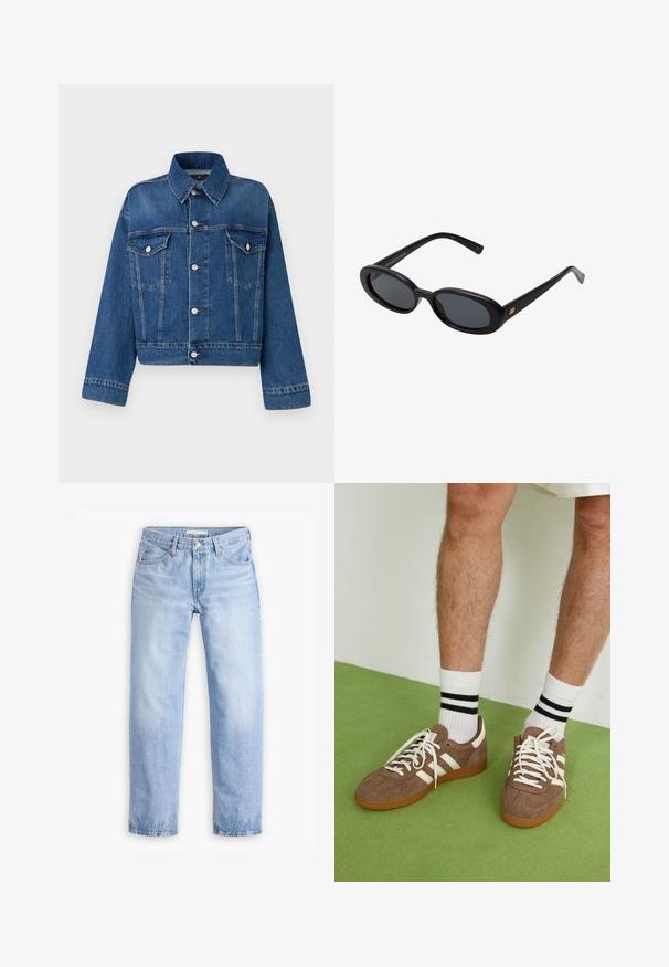 Blå denimjacka med krage, två bröstfickor, knappstängning och cropped design. Har kontrastsömmar och en texturerad yta.; Rak vit kortärmad t-shirt med rund halsringning och slim fit, lagd platt mot en vit bakgrund.; Ljusblå denimjeans med rak bendesign, fem fickor och medelhög midja. Har en urtvättad textur och sydd fåll.; Bruna mockaskor med vita detaljer och snören. Gummisula i beige. Bärs med vita strumpor med svarta ränder. Grön strukturerad golvyta.; Svarta överdimensionerade solglasögon med ovala linser, slät plastbåge och guldaccent på bågarna. Mörka linser ger solskydd.