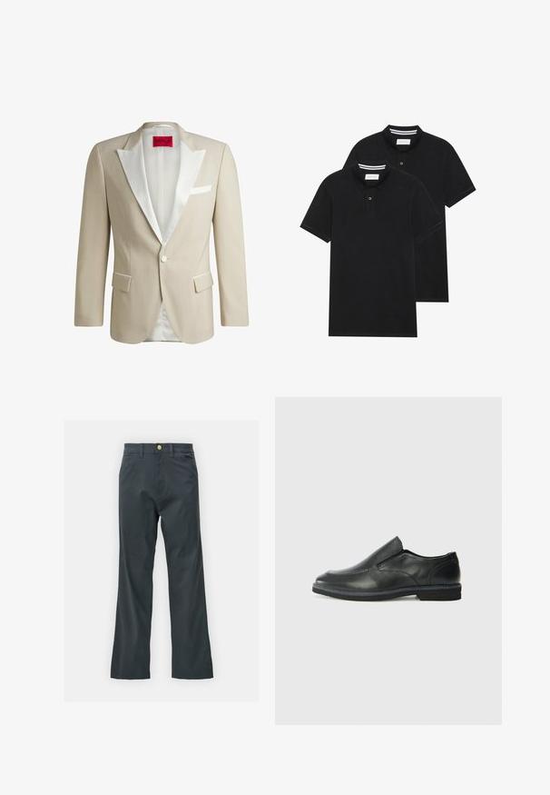 Beige jakku virallisiin tilaisuuksiin, jossa on valkoiset satiinikaulukset, kaksi etutaskua, yksi nappisulku ja punainen etiketti, jossa lukee "HUGO" sisäpuolella.; Kaksi mustaa lyhythihaista poolopaitaa, puuvillamateriaalia, joissa on klassinen kaulus, kahden napin napitus ja valkoiset raidat kauluksen sisällä.; Mustat housut suoran lahkeen leikkauksella, valmistettu puuvillasekoitekankaasta. Varustettu metallinappikiinnityksellä ja sivutaskuilla. Ei näkyviä kuvioita.; Musta nahkainen liukujalkine, jossa on sileä pinta, ommeltuja yksityiskohtia, pyöristetty kärki ja matala kumipohja. Pohjassa on minimaalinen pito.