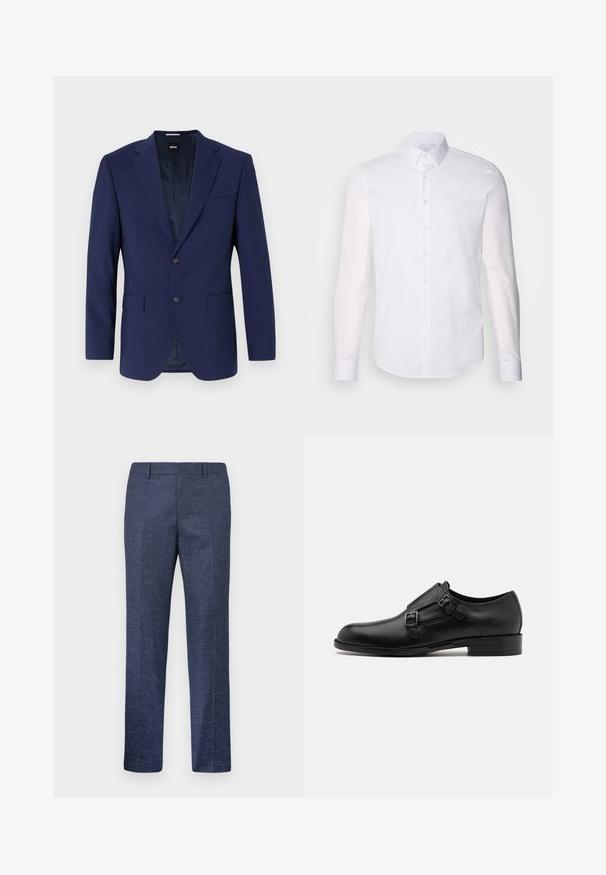 Tumesinine bleiser, millel on struktureeritud õlad, ühekordne nööbivaba disain, kaks esist pocketit, ühe nööbi sulgemine, sile kangas ja õrn sisepattern.; Valge pikkade varrukatega nööpidega särk, mis on valmistatud puuvillast, klassikalise krae, eest nööpide ja minimaalsete õmblusdetailidega.; Tumed sinine püksid, mis on valmistatud tekstuuriga kangast, sirgete jalgega, tasase esiosa ja kahe küljetaskuga. Ilma nähtavate mustrite või aksessuaarideta.; Musta nahast kleitking, kus on kaks pandlat, voolava silueti ja ümarate varvastega. Omab madalat kontsa ja siledat tekstuuri.