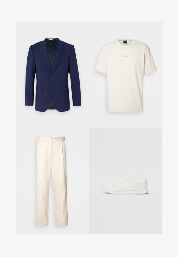 Blazer azul marinho com ombros estruturados, design de um só botão, dois bolsos frontais, fecho de um único botão, tecido suave e padrão interior subtil.; BOSS TEE - T-shirt básica - open white; Calças de algodão bege com corte reto, apresentando um fecho de botão e pregas na frente para um detalhe adicional.; Sapatilha branca com parte superior em malha e sintético, bico arredondado, atacadores planos e uma faixa lateral texturizada. Sola em borracha com uma alça na parte de trás.