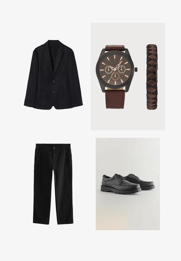 A sötétkék len blézer két gombbal, kivágott hajtókával, két elülső zsebbel és gombos mandzsettával rendelkezik, amely karcsú sziluettet kölcsönöz.; Sötétzöld gombos ing, gallérral, hosszú ujjú, egyetlen mellzsebbel; fehér gombokkal és puha tapintással rendelkezik.; Fekete pamut nadrág egyenes szárú dizájnnal, első gombos záródással, ferde oldalsó zsebekkel és diszkrét varrási részletekkel.; Fekete bőr cipők textúrált felsőrésszel, kerek orral, fűzős kialakítással és vastag gumitalppal, amely barázdált mintázattal rendelkezik.; Pier One SET - Karóra - black/brown; Négy gyűrűből álló készlet: az egyik fekete, téglalap alakú kővel díszített, a másik három fémes, textúrákkal ellátott, beleértve a láncszem, bordás és sakktábla mintát.