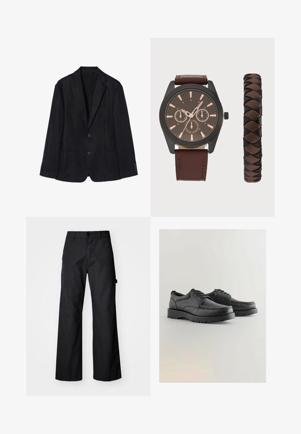 Námořnický lněný blejzr má přední zapínání na dva knoflíky, klopové límce, dvě přední kapsy a manžety na knoflíky, což vytváří elegantní siluetu.; Černé polo tričko vyrobené z bavlny, s límečkem, třemi knoflíky, krátkými rukávy a kapsou na prsou.; Černé široké kalhoty vyrobené z odolné tkaniny. Obsahují zapínání na knoflík a boční kapsy. Hladký povrch s jednoduchým designem.; Černé kožené boty s texturovaným svrškem, kulatou špičkou, šněrovacím designem a silnými gumovými podrážkami s vzorovaným běhounem.; Pier One SET - Hodinky - black/brown; Pět stříbrných prstenů: jeden s černým kulatým detailem, jeden s bílým a černým geometrickým vzorem, a další s různými tvary a povrchy.