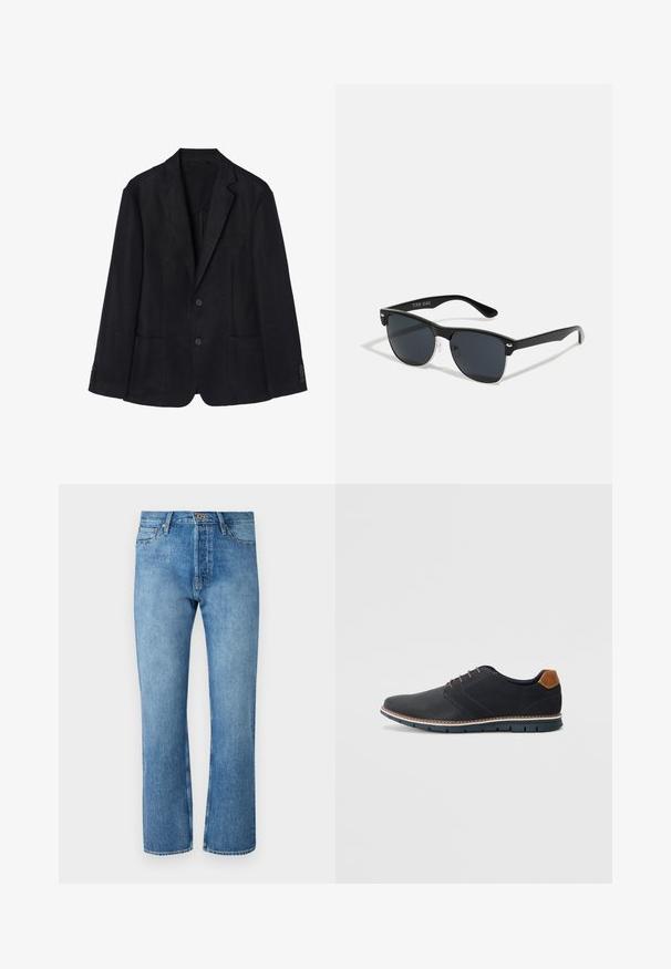 Blazer in lino blu navy con chiusura a due bottoni, revers con notto, due tasche frontali e polsini con bottoni per un profilo elegante.; T-shirt a girocollo blu navy realizzato in morbido tessuto misto cotone, con maniche corte e vestibilità regolare. Nessun motivo o accento visibile.; Jeans in denim azzurro chiaro con taglio dritto, caratterizzati da un classico design a cinque tasche, chiusura con bottone e cuciture a contrasto.; Scarpe sintetiche nere con tomaia testurizzata, dettagli lisci, tacco marrone e suola a contrasto. Presentano una lacerazione minimale e dettagli di cucitura.; Occhiali da sole neri con forma rettangolare, lenti scure, dettagli in argento alle tempie e finitura opaca sulla montatura.; Cinque anelli d'argento esposti, caratterizzati da vari design: uno con un motivo a catena, altri con incisioni o accenti decorativi, e due con pietre nere.