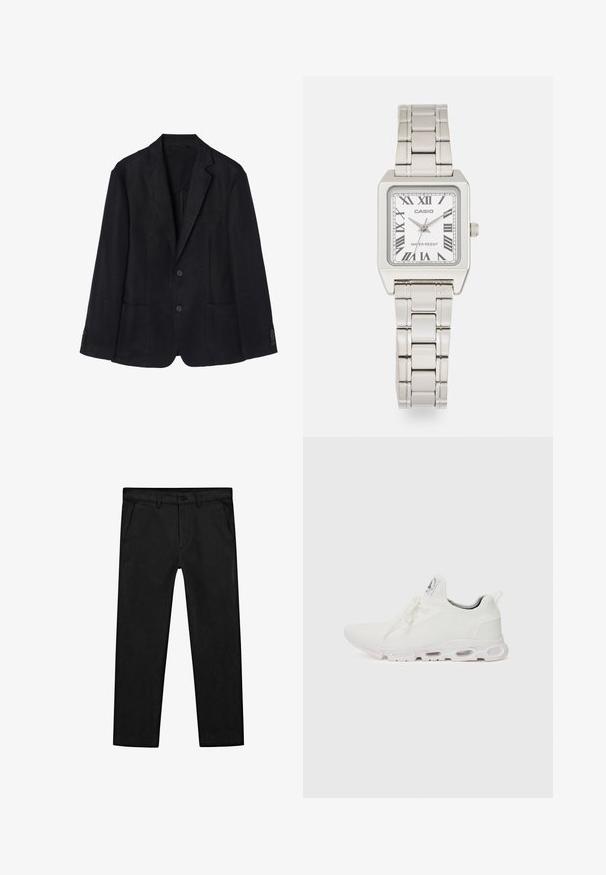Marineblauwe linnen blazer met een twee-knops voorkant, met een revers, twee voorkruiszakken en knoopmanchetten voor een slanke silhouet.; Zwarte polo met korte mouwen, een staande kraag en een rits aan de voorkant. Gemaakt van een gladde stof met een schoon, minimalistisch ontwerp.; Zwarte katoenen broek met een rechte pijp, voorzakken en een klassieke knoopsluiting met een ritssluiting. Soepele textuur, nauwsluitende pasvorm.; Witte sportieve schoenen met een gestructureerde gebreide bovenkant, platte veters en een gevoerde zool met zichtbare luchtkamers voor extra ondersteuning.; Zilveren metalen polshorloge met een vierkante kast, witte wijzerplaat, Romeinse cijfers en een zilveren schakelarmband. Beschikt over een waterdicht ontwerp.