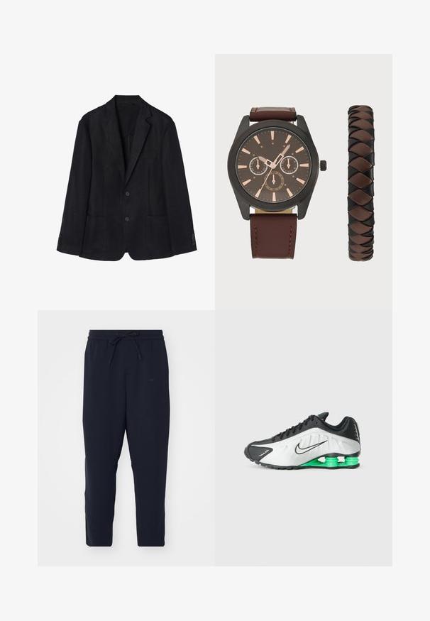 A sötétkék len blézer két gombbal, kivágott hajtókával, két elülső zsebbel és gombos mandzsettával rendelkezik, amely karcsú sziluettet kölcsönöz.; Három hosszú ujjú póló halmozva: egy fehér, egy sötét tengeri kék és egy fekete. Simított pamutból készült, kerek nyakkivágással és oldalsó hasítékokkal rendelkezik.; Tengerészeti kék joggerek puha anyagból, rugalmas derékkal és húzózsinórral, szűkülő lábakkal és oldalsó zsebekkel.; Fekete-fehér sportcipő zöld részletekkel, amely karcsú kialakítású, texturált felsőrésszel és jellegzetes, tagolt talppal rendelkezik.; Pier One SET - Karóra - black/brown