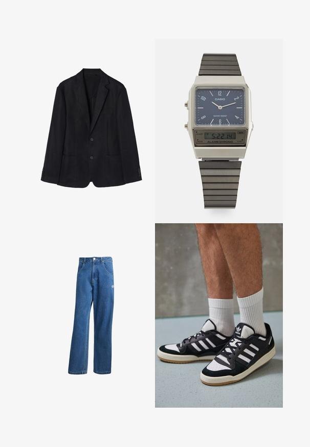 Tumesinine linane bleiser on kahe nööbiga es front, sakilised klapid, kaks esikotti ja nööbiga mansetid, mis loovad elegantse silueti.; Kreemikasest puuvillast t-särk lühikeste varrukatega, millel on roheline matka-teemaline graafika ja tekst "PHOENIX 112.0740".; Sinine kõrge vöökohaga avar jakkidega teksapükse, millel on ees taskud, vöökoharingid, nupuga sulgemine ja väike Adidas'i logo paremal reiel.; Mustvalged ja valged spordijalatsid, mille pealmine osa on valmistatud suede'ist ja nahast. Kingadel on kolm valget riba, auguline varvas ja kummist tald.; Casio digitaalne kell sinise kelladialiga, hõbedase korpuse ja kihilise musta kummirihmaga. Kuvab aega ja häiresätteid. Veekindel.